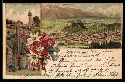 Lithographie Salzburg, Panorama mit Stadt, Festung Hohensalzburg u. Untersberg, Restaurant auf dem Mönchsberg