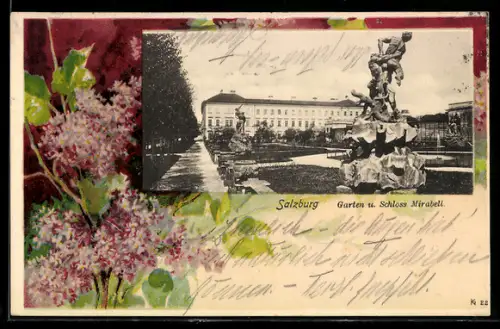 Lithographie Salzburg, Garten und Schloss Mirabell, Blühender Flieder