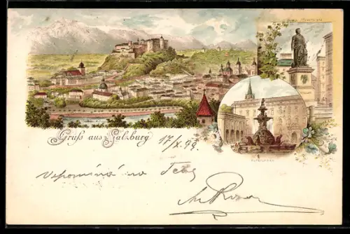 Lithographie Salzburg, Stadtpanorama mit Festung, Hofbrunnen, Mozartplatz m. Statue