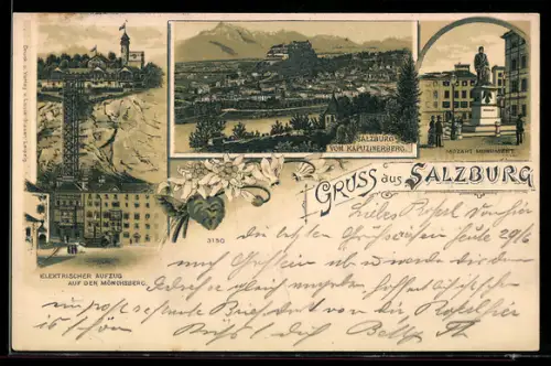 Lithographie Salzburg, Stadtansicht vom Kapuzinerberg, Mozart-Denkmal, elektrischer Aufzug auf den Mönchsberg