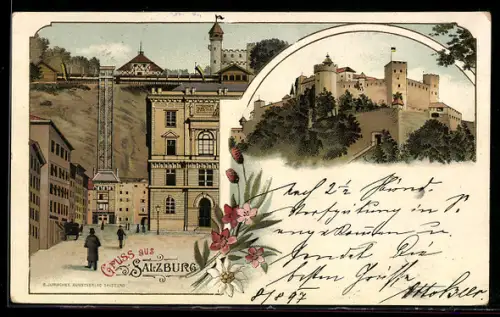 Lithographie Salzburg, Ortspartie mit Aufzug, Festung Hohensalzburg