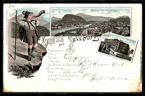 Lithographie Salzburg, Stadtpanorama mit Festung Hohensalzburg, Hotel de l`Europe, Wanderer bläst Hornsignal