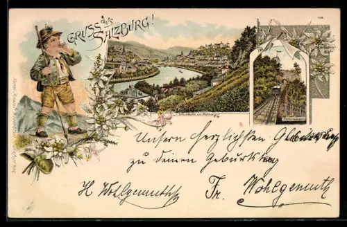 Lithographie Salzburg, Festungsbahn, Stadtpanorama mit Salzach, Trachtenbub