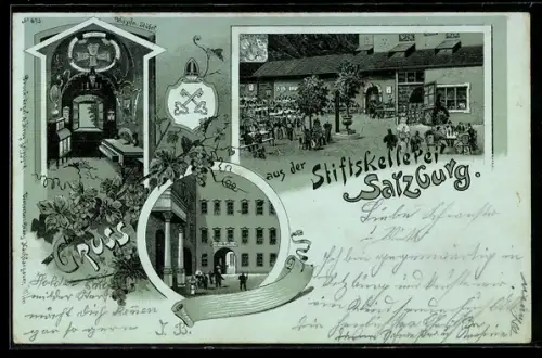 Lithographie Salzburg, Stiftskellerei, Innenansicht und Hof