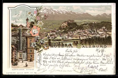 Lithographie Salzburg, Gesamtansicht mit Festung Hohensalzburg, Elektrischer Aufzug, Wappen