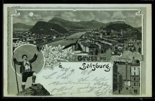 Lithographie Salzburg, Panorama mit Festung Hohensalzburg und Salzach, Wanderer, Elektr. Aufzug