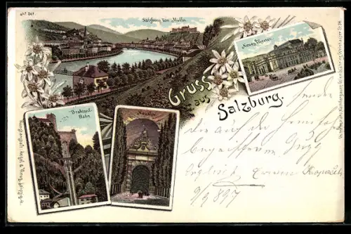 Lithographie Salzburg, Ortspanorama von Mülln, Neues Theater, Drahtseilbahn