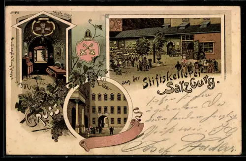 Lithographie Salzburg, Stiftskellerei, Innen- und Hofansicht, Wappen
