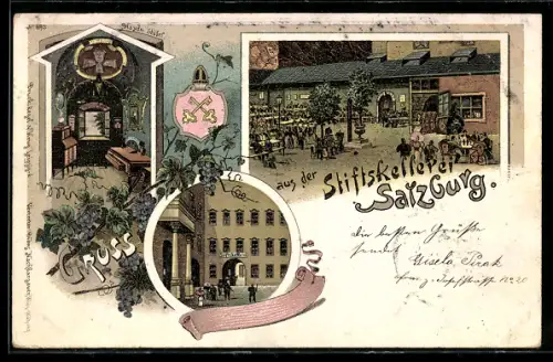 Lithographie Salzburg, Stiftskellerei, Innenansicht und Hof, Wappen