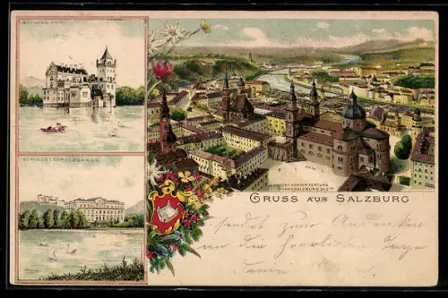 Lithographie Salzburg, Festung Hohensalzburg, Schloss Anif, Schloss Leopoldskron, Wappen