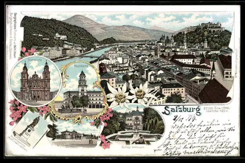 Lithographie Salzburg, Curhaus, Domplatz, Residenz, Schloss Hellbrunn