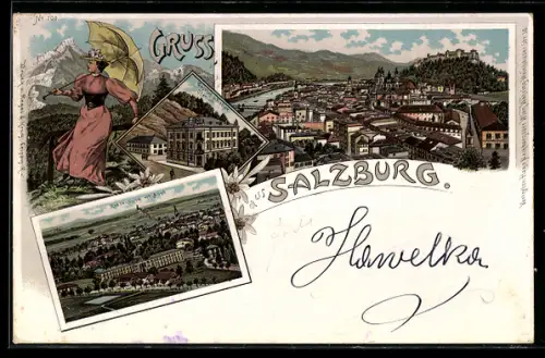 Lithographie Salzburg, Riedenburg mit Asyl, Dame mit Schirm im Hochgebirge, Ortsansicht