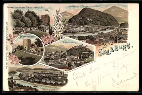 Lithographie Salzburg, Somer- u. Winter-Restaurant Bürgerwehrsöller, Neuer Stadttheil