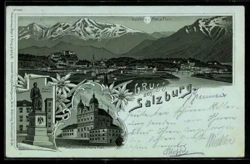 Mondschein-Lithographie Salzburg, Panorama mit Festung Hohensalzburg, Mozartdenkmal, Kirche Maria Plain