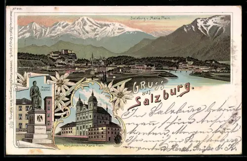 Lithographie Salzburg, Ortsansicht mit Festung v. Maria Plain, Mozart-Denkmal, Wallfahrtskirche Maria Plain