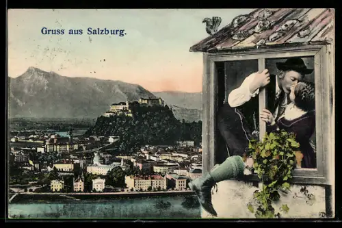 AK Salzburg, Teilansicht mit Festung Hohensalzburg u. Gasthaus Stieglkeller, Trachtenpaar beim Kuss am Fenster