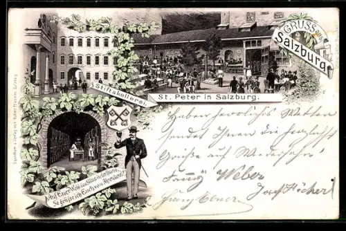 Lithographie Salzburg, Gaststätte St. Peter in Salzburg, Stiftskeller und Hofansicht
