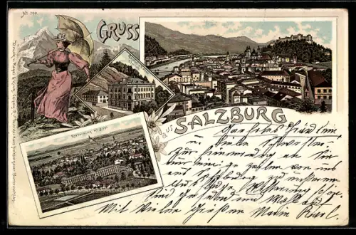 Lithographie Salzburg, Riedenburg mit Asyl, Dame mit Schirm im Gebirge, Ortsansicht