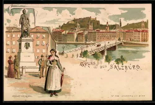 Lithographie Salzburg, Mozart-Denkmal, Salzachbrücke und Stadtpanorama mit Festung