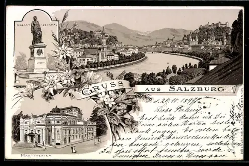 Lithographie Salzburg, Panorama mit Festung Hohensalzburg, Salzach, Mozart-Denkmal und Stadttheater