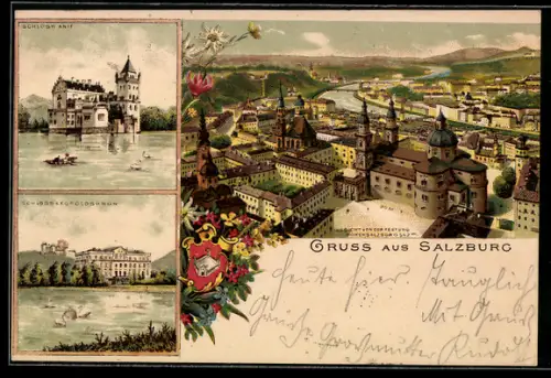Lithographie Salzburg, Schloss Anif, Schloss Leopoldskron, Panorama mit Altstadt, Salzach und Festung