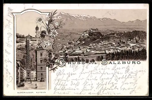 Lithographie Salzburg, Panorama mit Festung Hohensalzburg, Elektrischer Aufzug, Wappen, Blumen