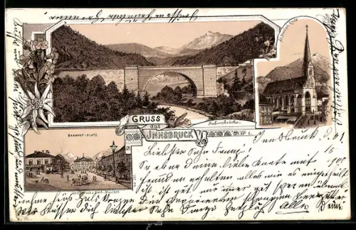 Lithographie Innsbruck, Bahnhofplatz, Stefansbrücke, St. Nicolaus-Kirche