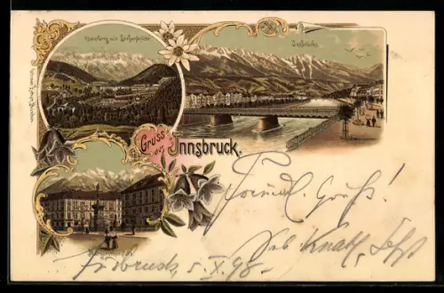 Lithographie Innsbruck, Ortsansicht m. Innbrücke, Promenade und Bergpanorama, Unterberg mit Stefansbrücke