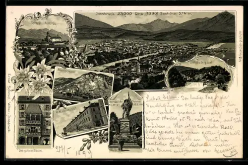 Lithographie Innsbruck, Panorama mit Stadt, Schloss Ambras, Martinswand, Hofer-Denkmal
