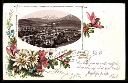 Lithographie Innsbruck, Ortsansicht nach Süden, Bergblumen