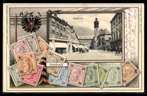 Lithographie Innsbruck, Hofkirche, Strassenszene, Briefmarkenmontage, Schwalben auf Telegraphenleitung