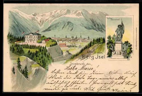Lithographie Innsbruck, Berg Isel mit Gasthaus und Ortsblick, Hofer-Denkmal