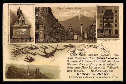 Lithographie Innsbruck, Maria-Theresien-Strasse, Goldenes Dachl, Schwalbenschwarm