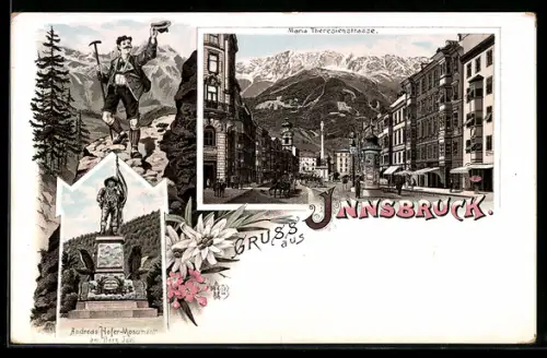Lithographie Innsbruck, Maria-Theresienstrasse mit Bergpanorama, Andreas-Hofer-Denkmal