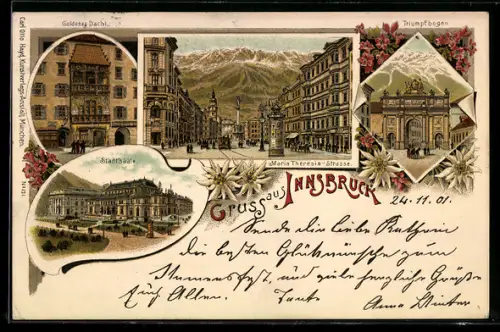 Lithographie Innsbruck, Maria-Theresien-Strasse, Goldenes Dachl, Stadtsääle