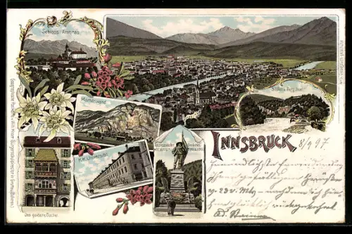 Lithographie Innsbruck, Ortsansicht, Schloss Ambras, Goldenes Dachl