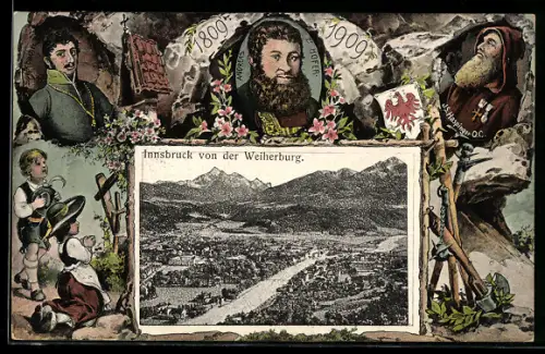 AK Innsbruck, Ortsansicht von der Weiherburg, Kleines Trachtenpaar, Andreas Hofer 1809-1909