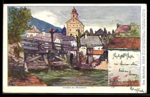 Künstler-AK Philipp + Kramer Nr. XXI /6: Maltathal, Gmünd im Maltathal, Ortspartie an der Brücke