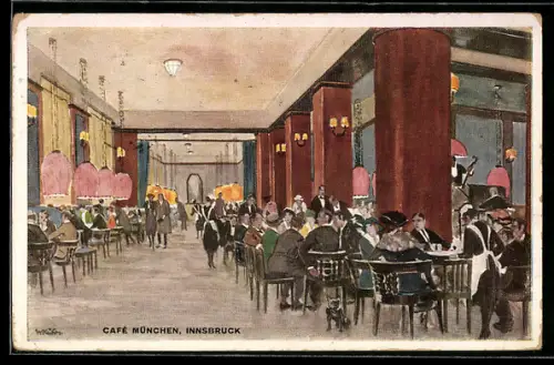 Künstler-AK Innsbruck, Café München, Innenansicht mit Gästen u. Bühne
