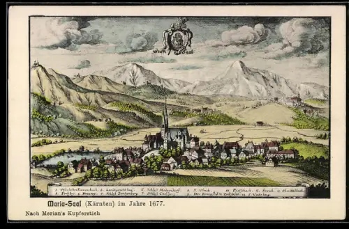 Künstler-AK Maria-Saal /Kärnten, Stift Saal mit Schloss Tannenberg und Veitsberg