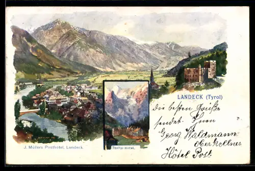 AK Landeck, Ortsansicht mit Burg, Trafoi-Hotel