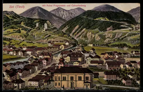 AK Zirl, Totalansicht mit Ruine Fragenstein und Calvarienberg