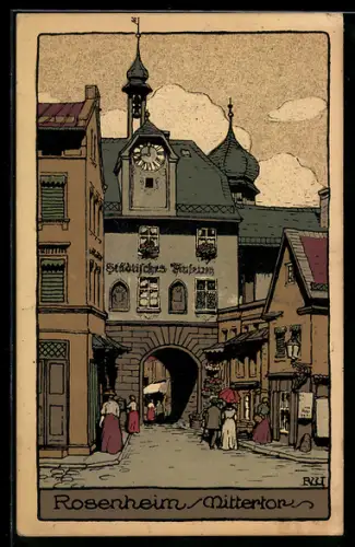 Steindruck-AK Rosenheim, Mittertor mit Städtischem Museum