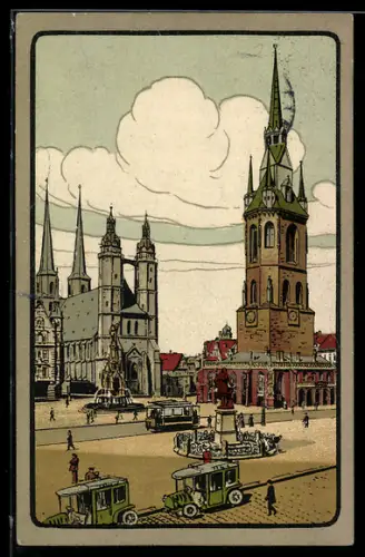 Steindruck-AK Halle a. S., Marktplatz mit Marienkirche und Roter Turm