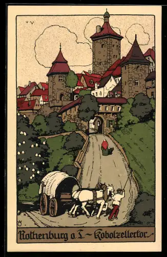 Steindruck-AK Rothenburg o. T., Teilansicht mit Kobolzellertor