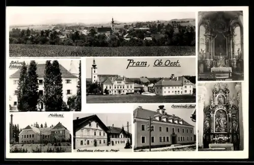 AK Pram /Ob. Oest., Gasthaus Erkner u. Mayr, Schloss Feldegg, Molkerei