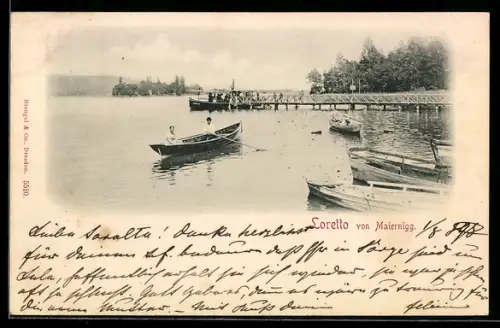 AK Loretto bei Maiernigg, Seepanorama mit Steg und Ruderbooten