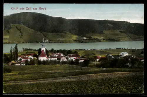 AK Zell am Moos, Panorama mit Kirche und See