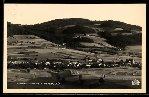 AK St. Oswald /O.Ö., Panorama mit Dorf und Kirche