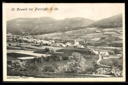 AK St. Oswald bei Freistadt, Panorama mit Kirche und Feldern